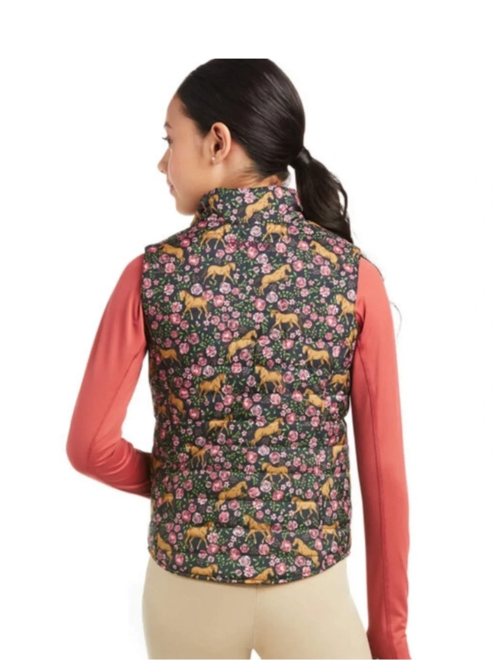 Ariat Girls Reversible Floral Horse Puffer Vest Burgundy Black Size Medium